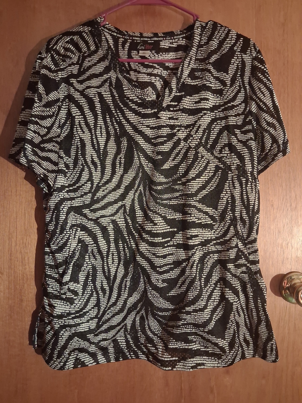 koi Black & White Zebra-Print V-Neck Scrub Top